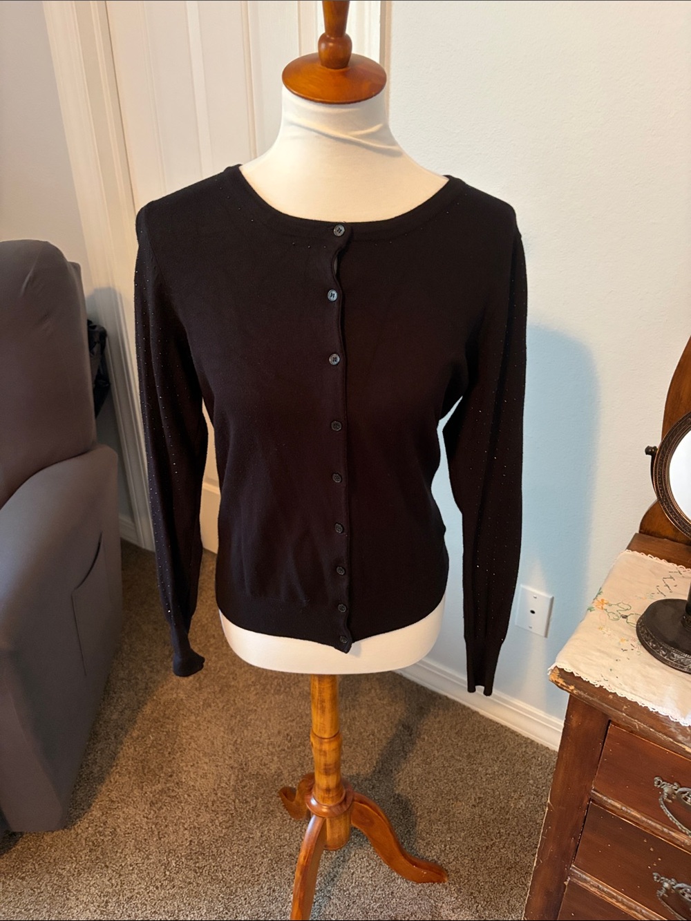 George Black Button-Front Crewneck Cardigan sparkle sleeves